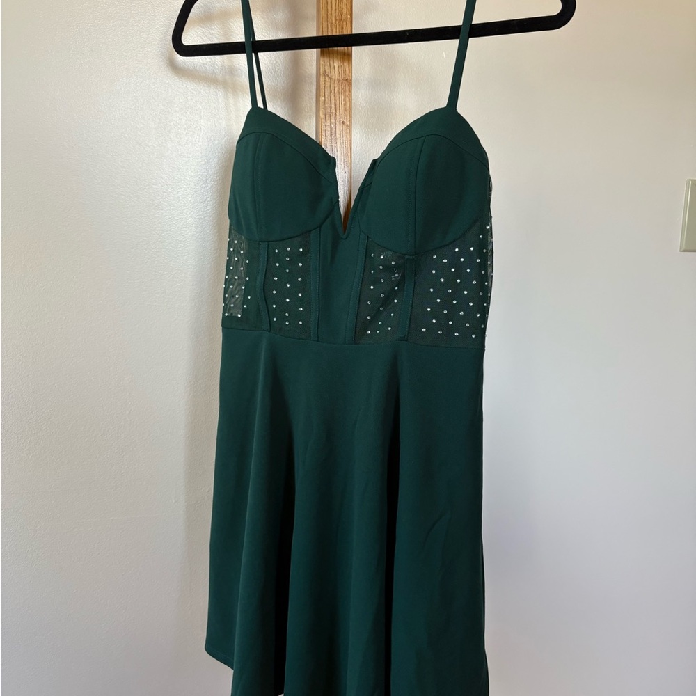 Elegant Forest Green Dress with Embellished Corset Bodice